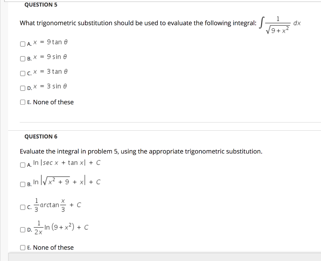 Solved Question 5 1 What Trigonometric Substitution Shoul Chegg Com