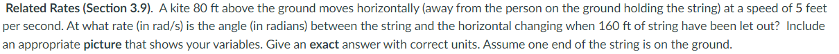 Solved Related Rates (Section 3.9). A kite 80ft above the | Chegg.com