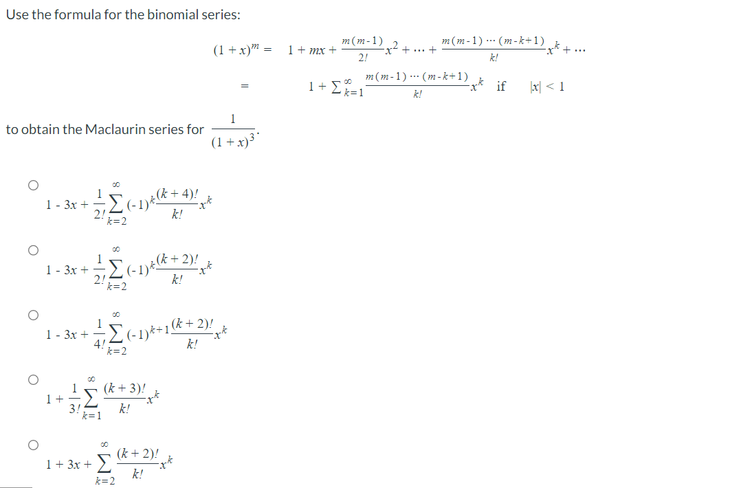 Use the formula for the binomial series:
\[
\begin{array}{l}
\qquad(1+x)^{m}=1+m x+\frac{m(m-1)}{2 !} x^{2}+\cdots+\frac{m(m-