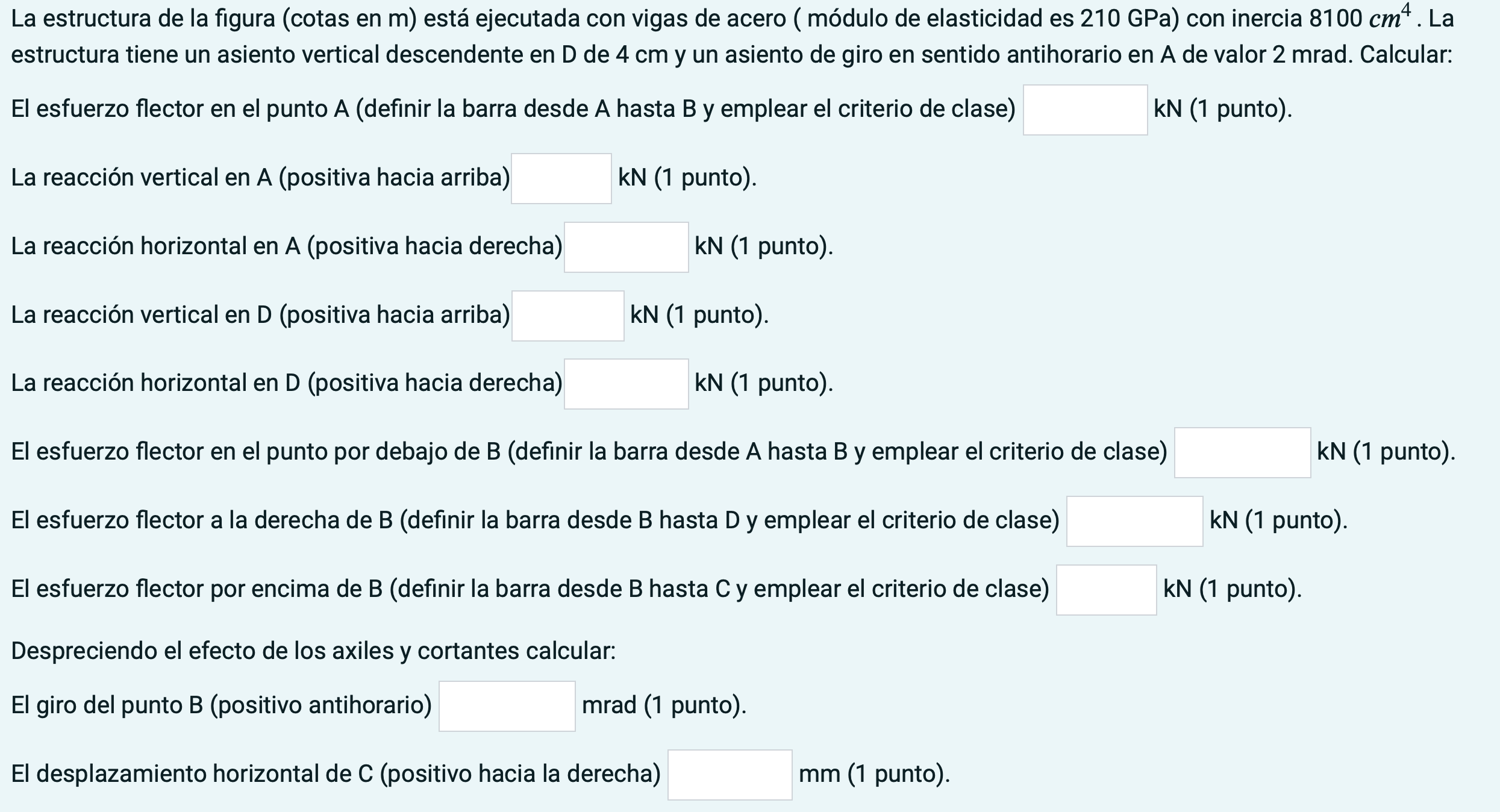 La estructura de la figura (cotas en \( \mathrm{m} \) ) está ejecutada con vigas de acero (módulo de elasticidad es \( 210 \m