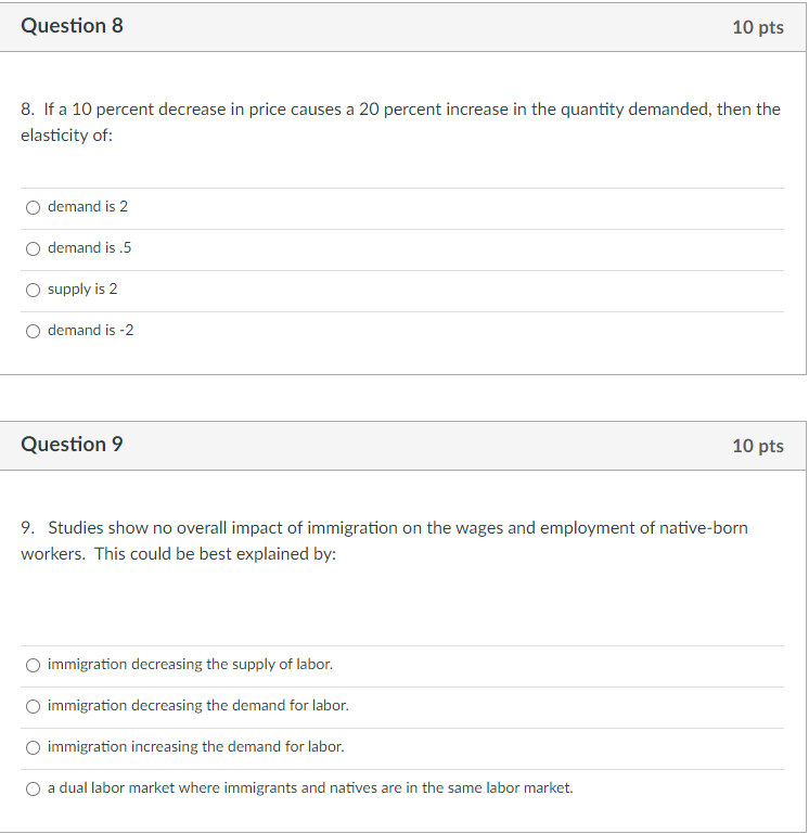 Solved Question 8 10 pts 8. If a 10 percent decrease in | Chegg.com