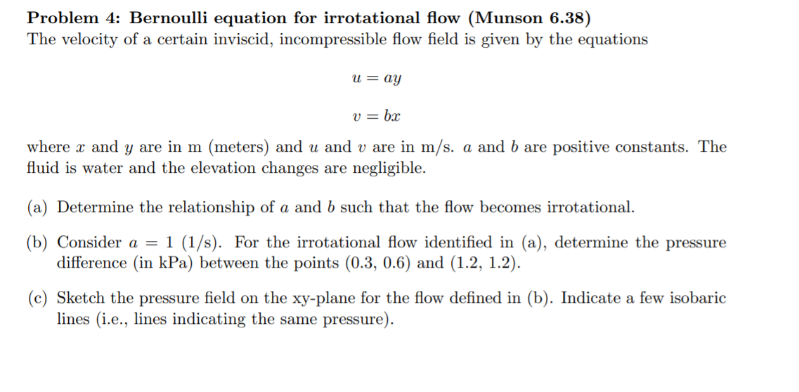 Solved Problem 4: Bernoulli equation for irrotational flow | Chegg.com