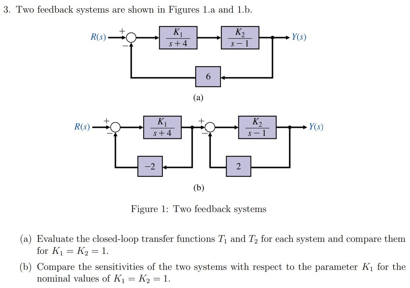 3. Two feedback systems are shown in Figures 1.a and 1.b.
(a)
(v)
Figure 1: Two feedback systems
(a) Evaluate the closed-loop