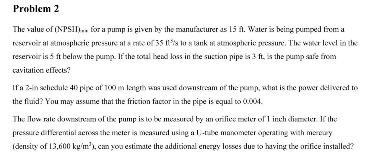 Solved Problem 2 The value of (NPSH)min for a pump is given
