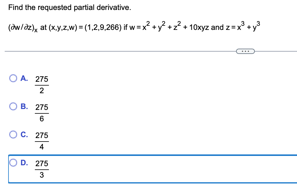 Solved Find the requested partial derivative. (∂w/∂z)x at