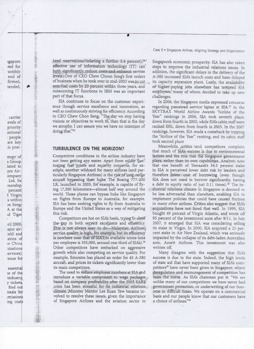 Case 5. Singapore Airlines: Aligning Strategy and Organization igapore red for nonthly end of firmed, tended carrier evels of