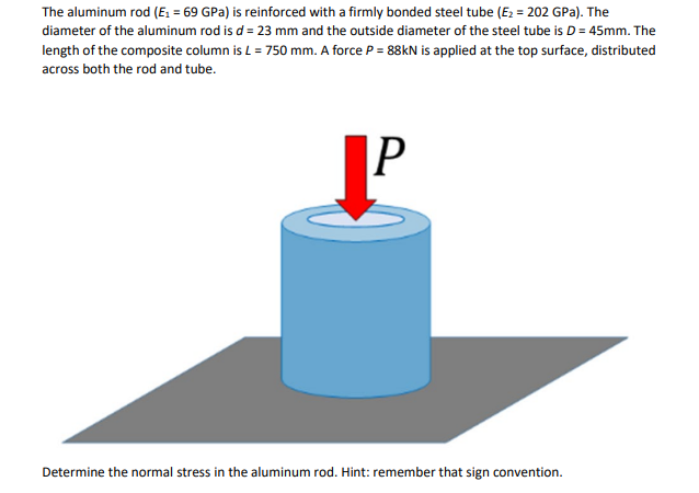 The aluminum rod \( \left(E_{1}=69 \mathrm{GPa}\right) \) is reinforced with a firmly bonded steel tube \( \left(E_{2}=202 \m