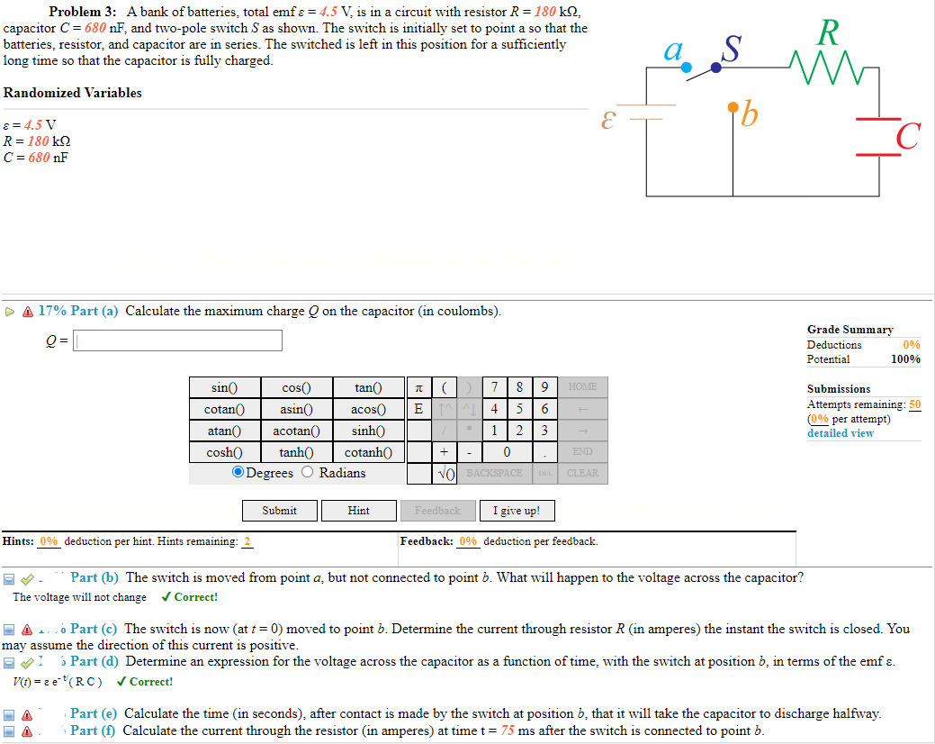 Problem 3: A bank of batteries, total emf \( \varepsilon=4.5 \mathrm{~V} \), is in a circuit with resistor \( R=180 \mathrm{k