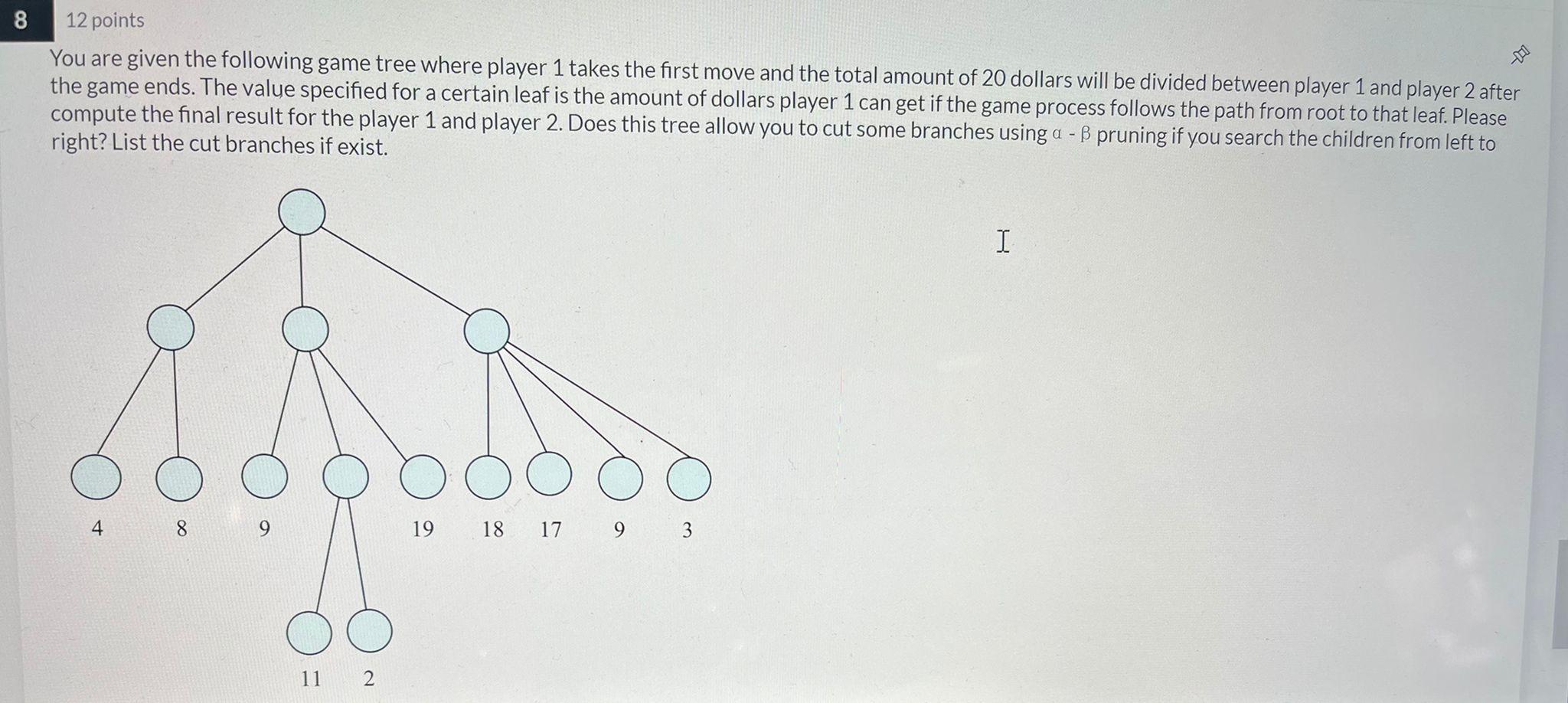 Solved 8 12 points You are given the following game tree | Chegg.com