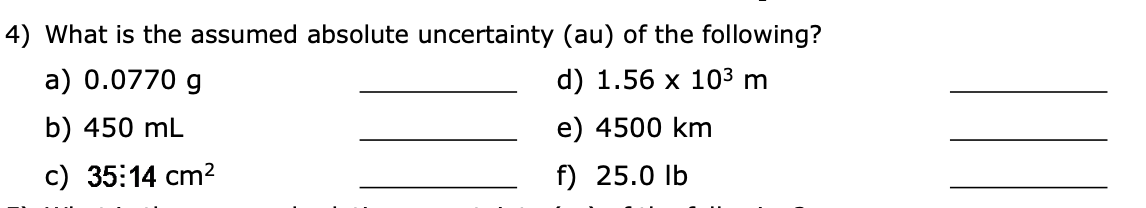 Solved 4. What is the assumed absolute uncertainty (au) of | Chegg.com