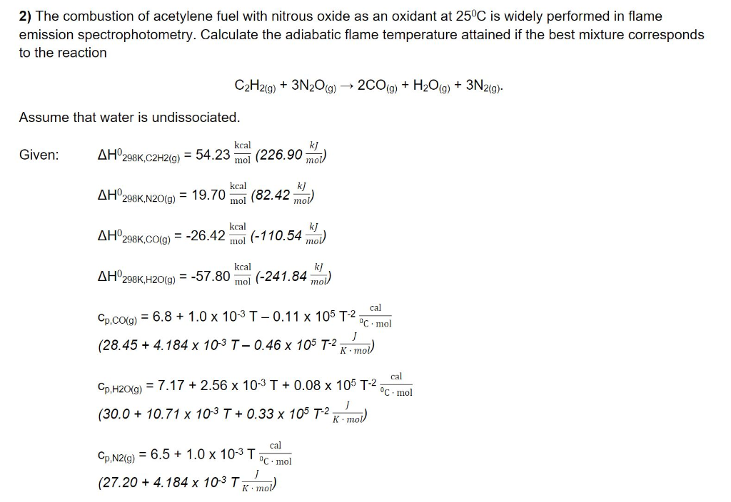 2) The combustion of acetylene fuel with nitrous