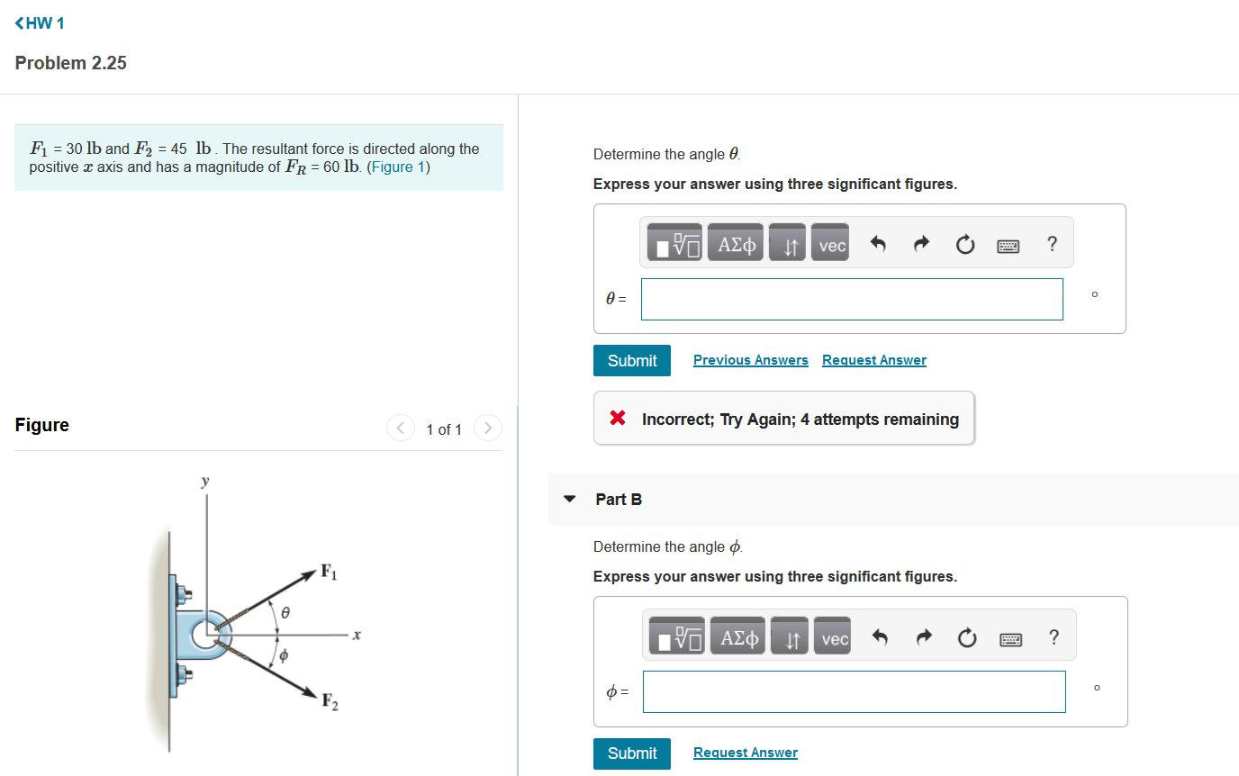 Solved F1 = 30 lb and F2 = 45 lb . The resultant force is | Chegg.com
