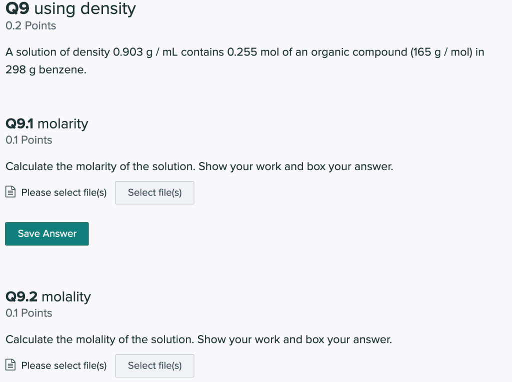 Solved Q9 using density 0.2 Points A solution of density | Chegg.com