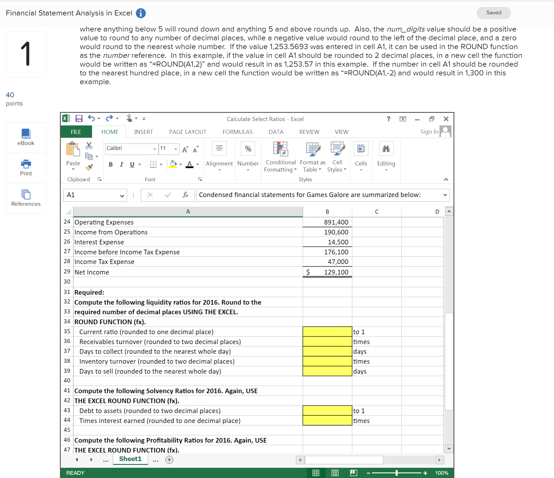 Solved Calculating Select Ratios using Excel's ROUND and | Chegg.com