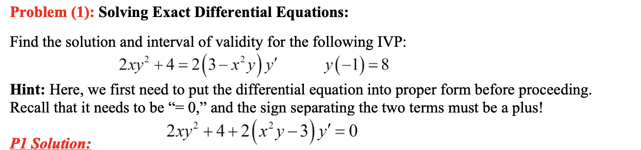 Solved Problem (1): Solving Exact Differential Equations: | Chegg.com