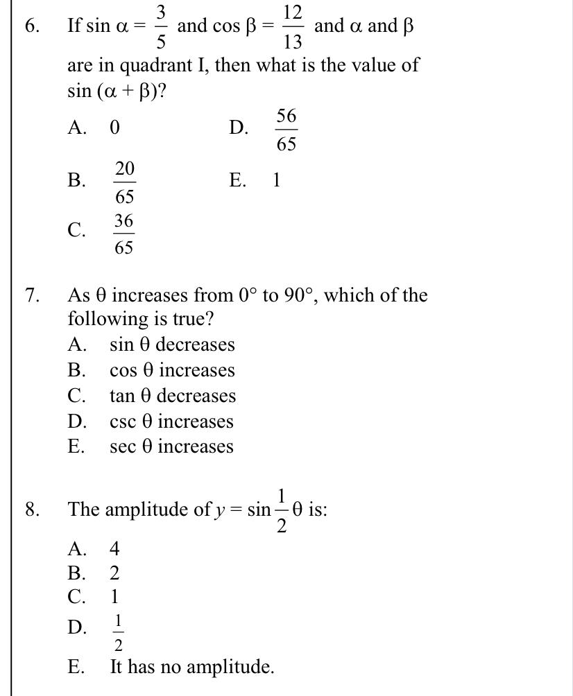 Solved 6 And Cos B 3 12 If Sin A And A And Ss 5 13 Are I Chegg Com