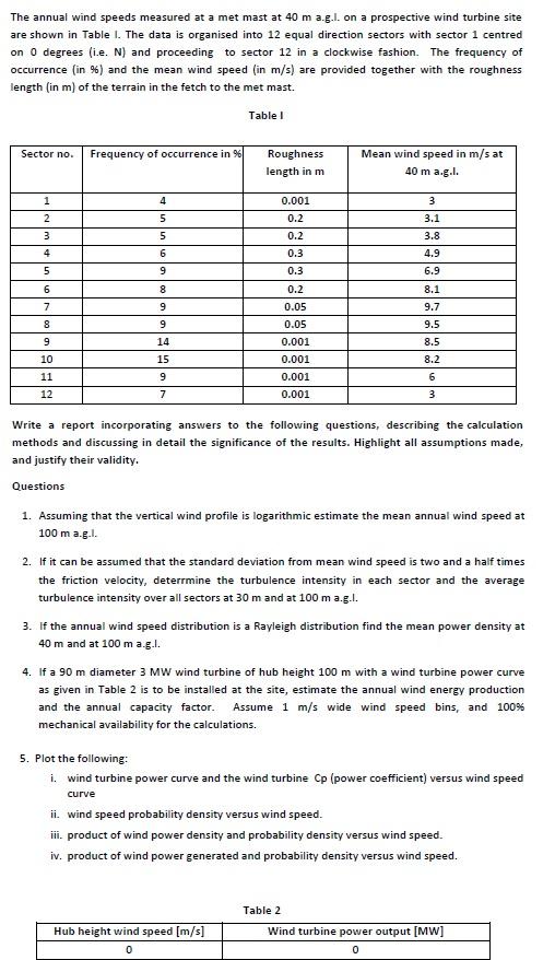 The annual wind speeds measured at a met mast at 40 m | Chegg.com