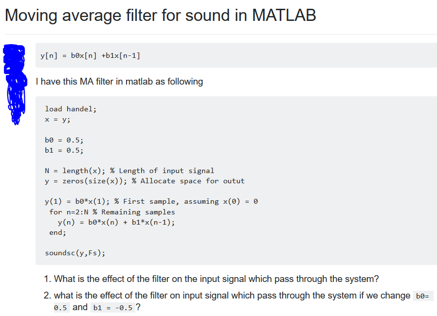 Moving Average Filter For Sound In MATLAB Y[n] Bex[n] | Chegg.com