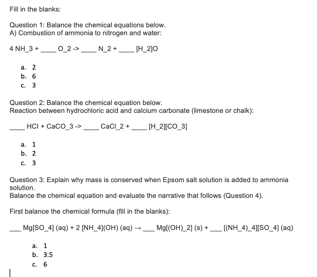 Solved Fill in the blanks: Question 1: Balance the chemical | Chegg.com