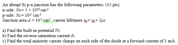 Solved An abrupt Si p-n junction has the following | Chegg.com
