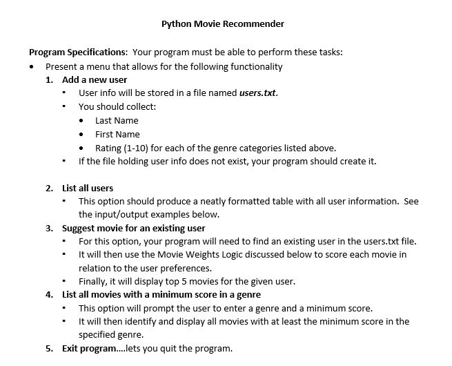Python Movie Recommender Program Specifications: Your | Chegg.com