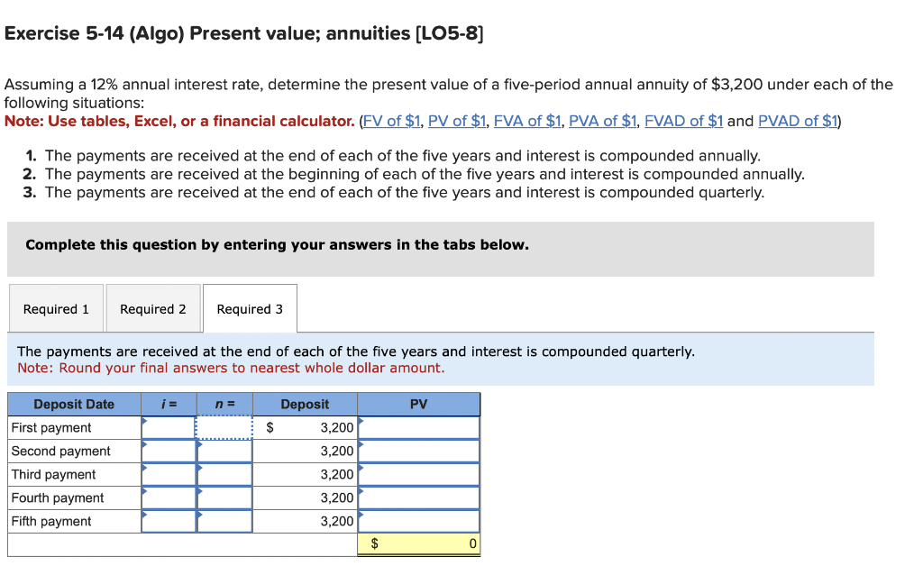 Solved Exercise 5 14 Algo Present Value Annuities Lo5 8 4452