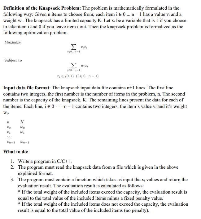 Solved Definition of the Knapsack Problem The problem is