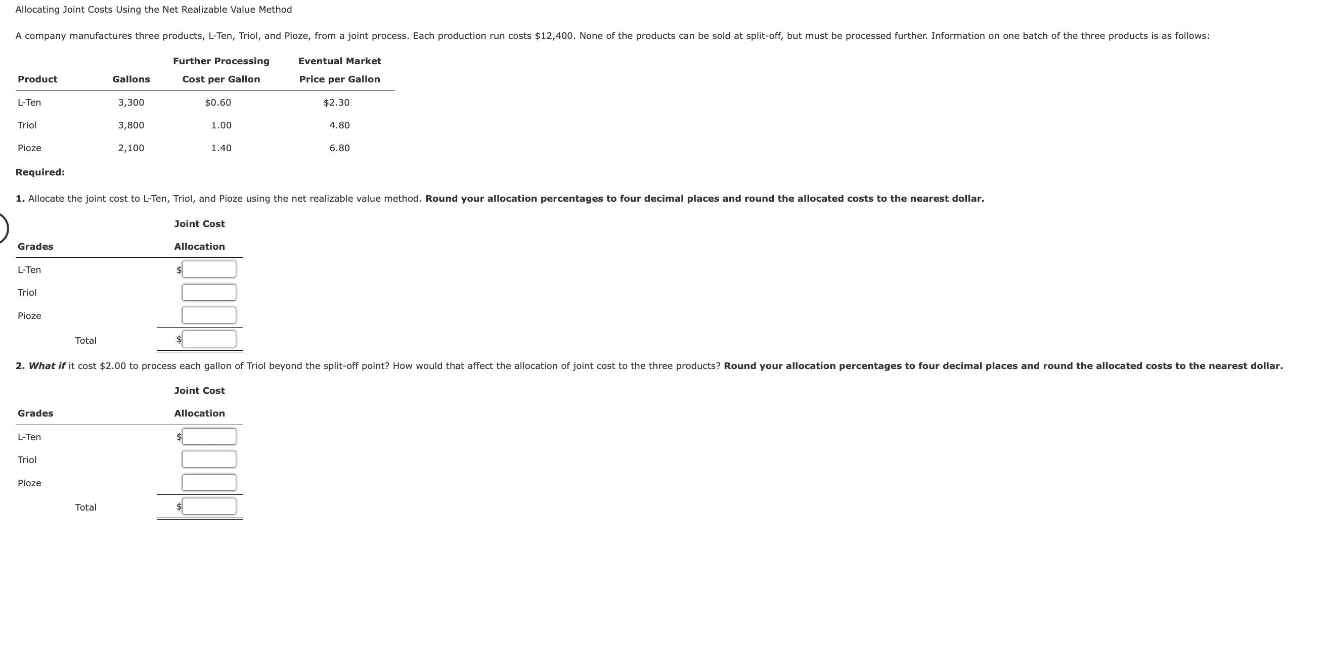 Allocating Joint Costs Using The Net Realizable Value Chegg