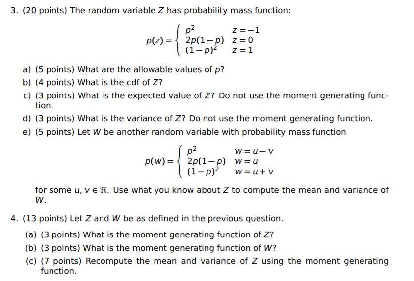 Solved 3 Points The Random Variable Z Has Probabili Chegg Com