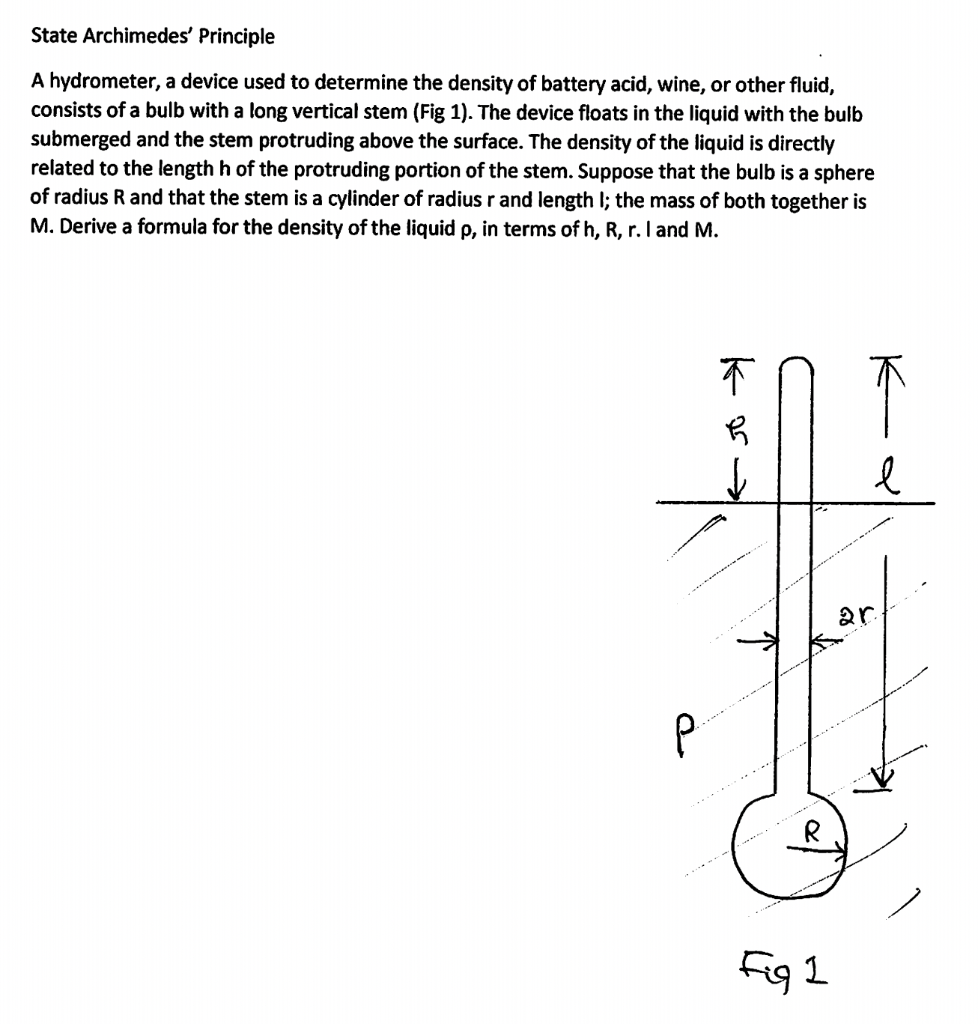 Solved State Archimedes' Principle A hydrometer, a device