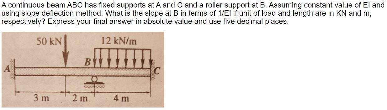 Solved A continuous beam ABC has fixed supports at A and C | Chegg.com