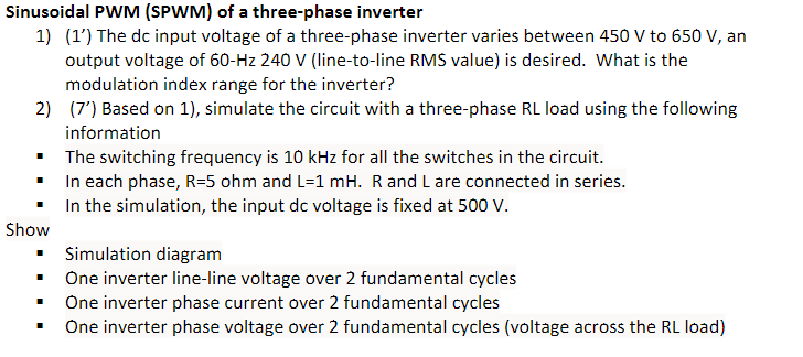 Sinusoidal PWM (SPWM) of a three-phase inverter 1) | Chegg.com