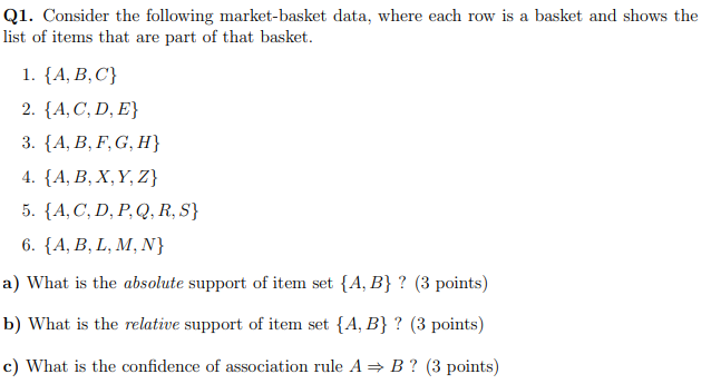 Solved Q1. Consider The Following Market-basket Data, Where | Chegg.com