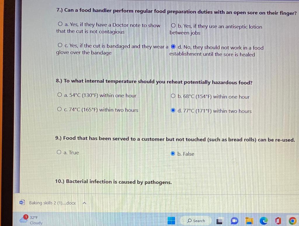 Solved 7.) Can a food handler perform regular food | Chegg.com