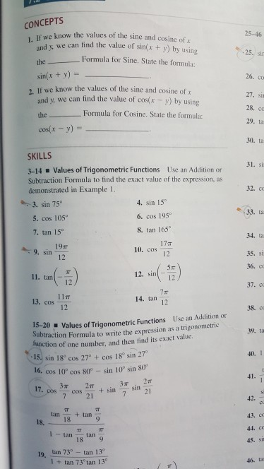 Solved CONCEPTS 25-46 If we know the values of the sine and | Chegg.com