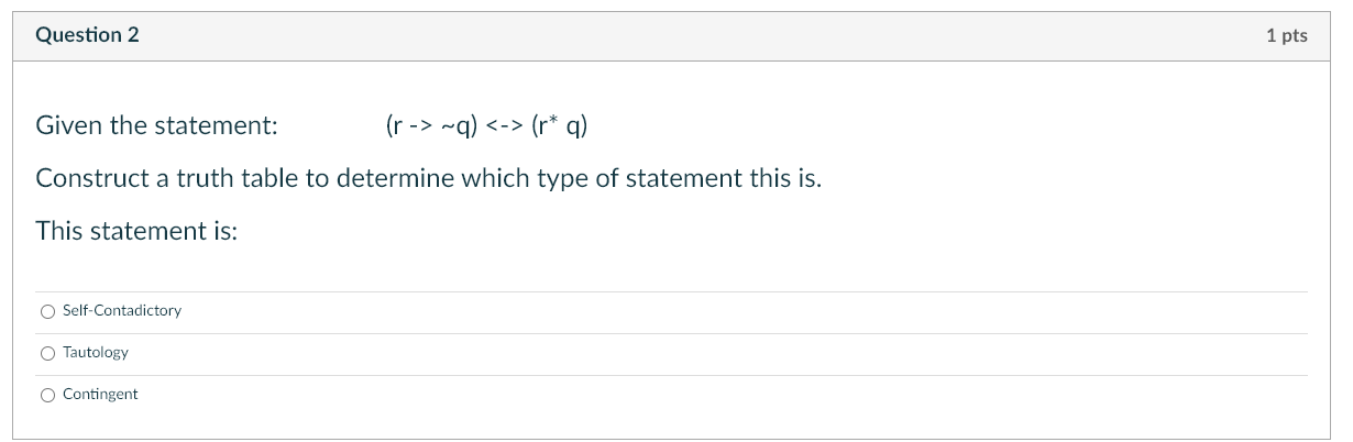 Solved Given the statement: (r−>∼q) (r∗q) Construct a | Chegg.com