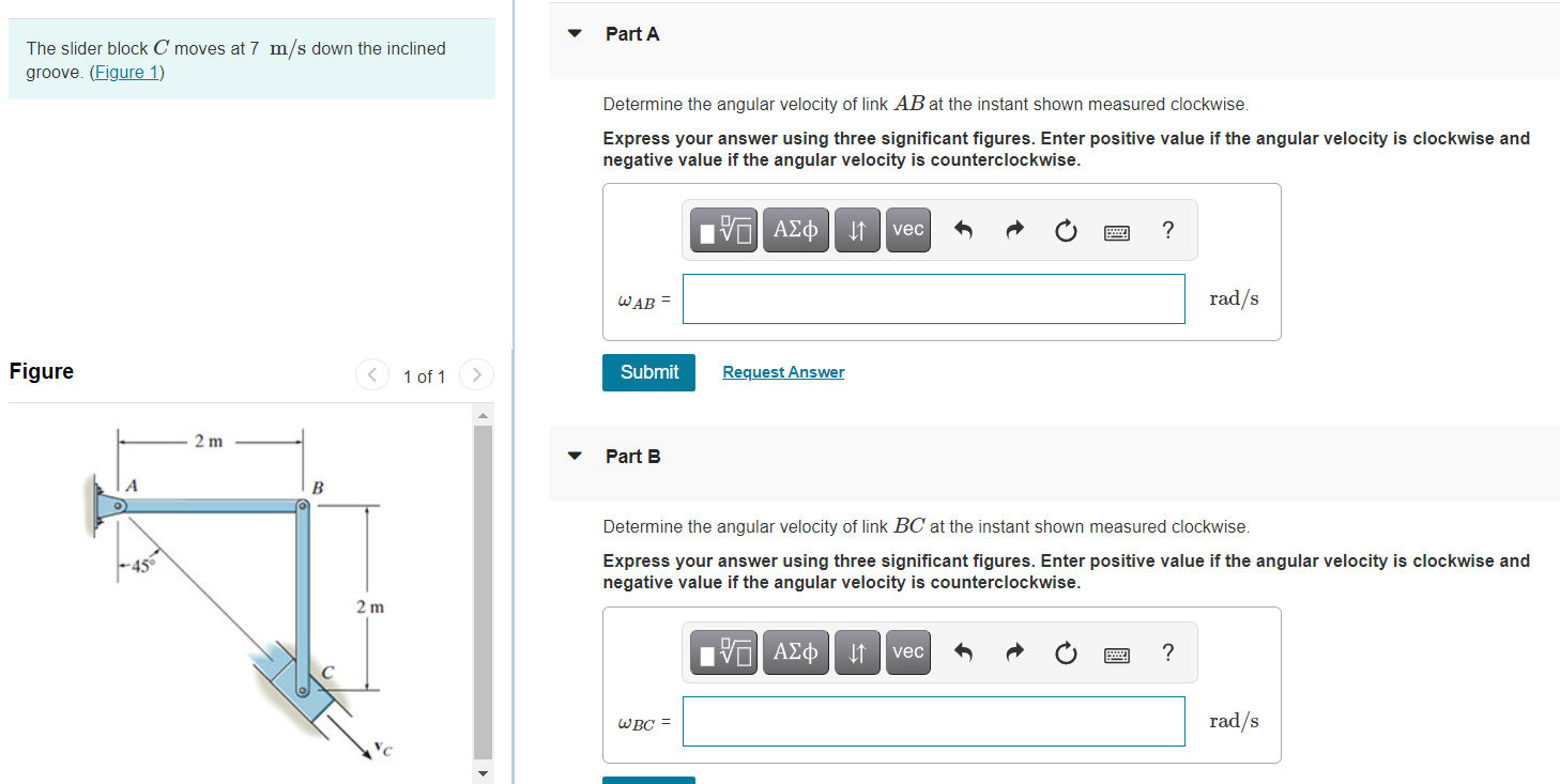 Solved The slider block C moves at 7 m/s down the inclined | Chegg.com