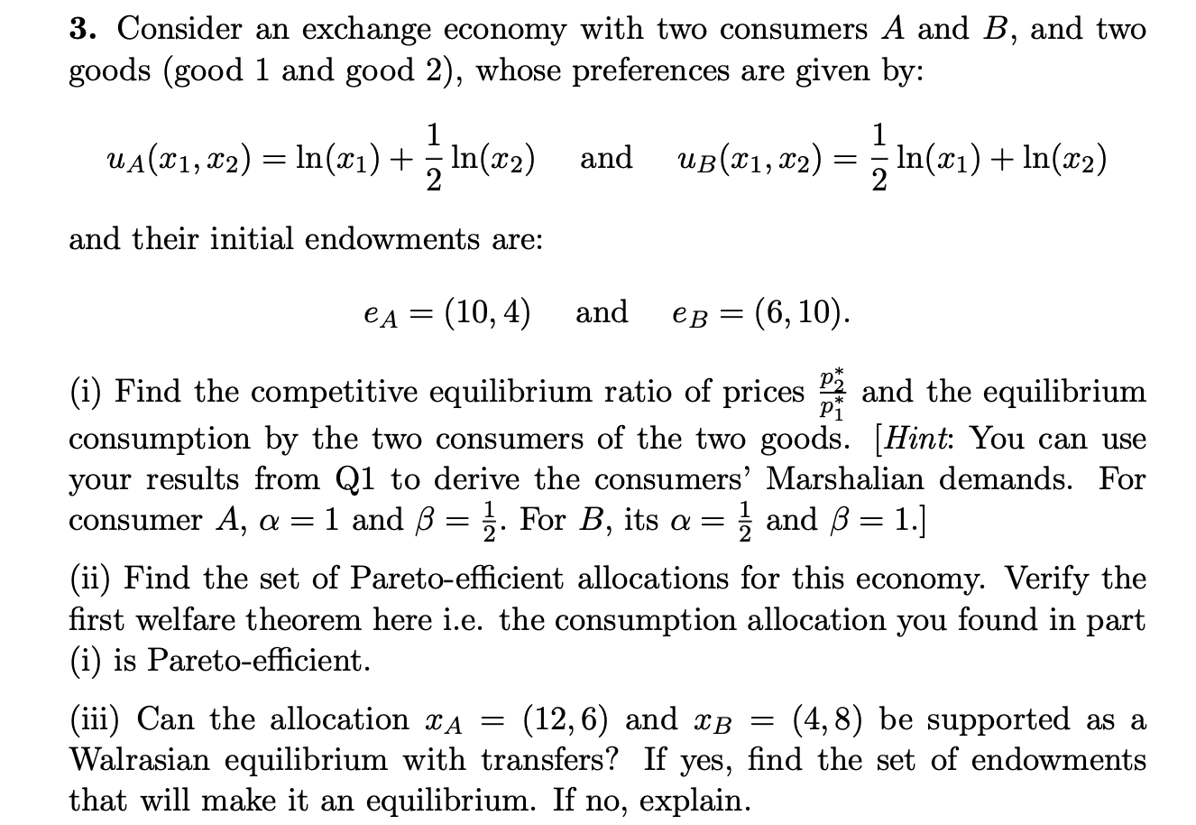 Solved > 3. Consider An Exchange Economy With Two Consumers | Chegg.com