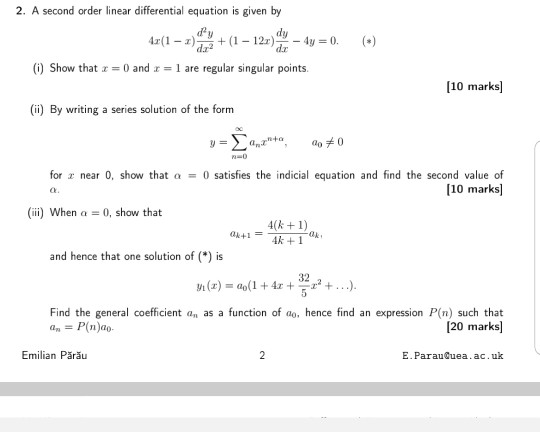 Solved 2. A second order linear differential equation is | Chegg.com