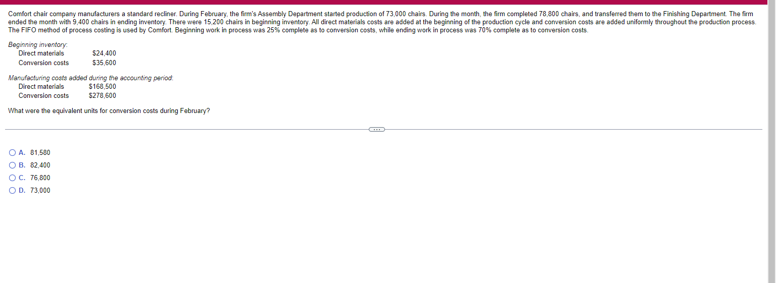 Solved Comfort chair company manufacturers a standard