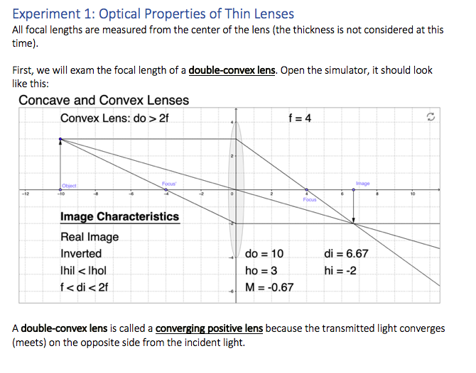 Solved Experiment 1 Optical Properties of Thin Lenses All