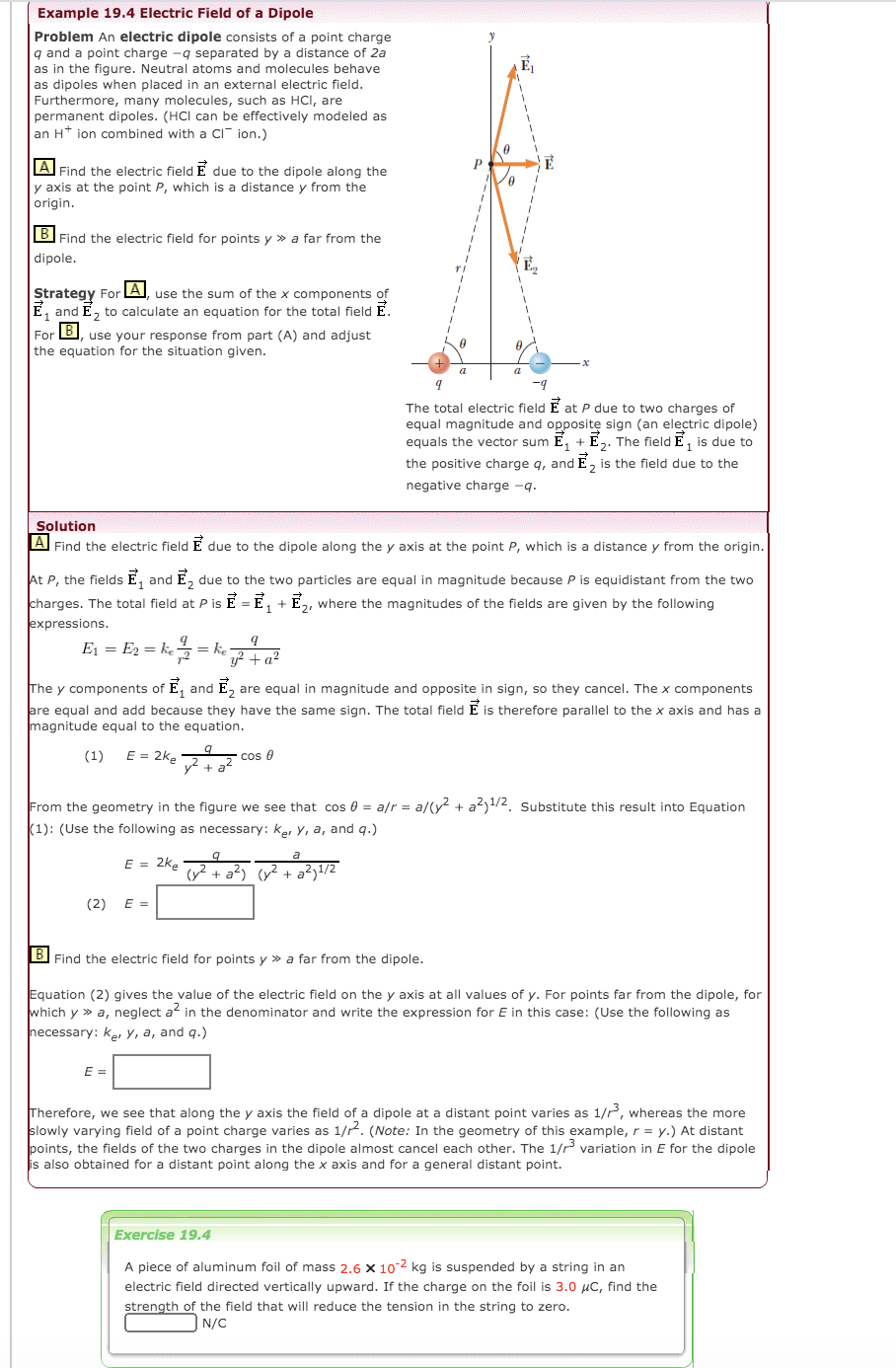 Solved Example 19.4 Electric Field of a Dipole Problem An | Chegg.com