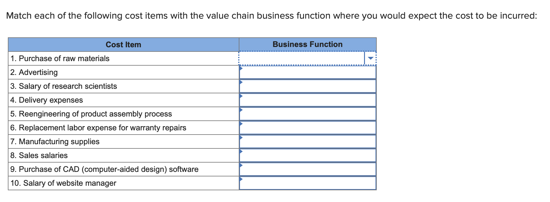 [Solved] Match each of the following cost items with the