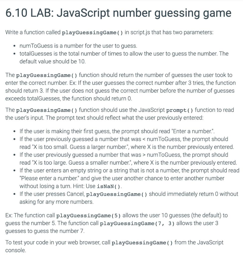 Solved 6.10 LAB: JavaScript number guessing game Write a | Chegg.com