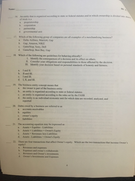 Solved Name iD 16. An entity that is organized according to