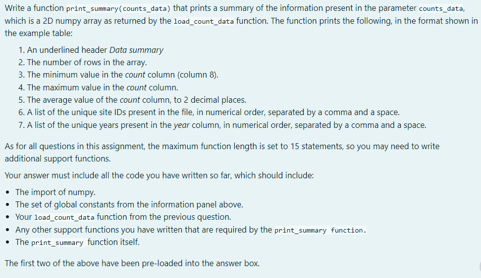 Solved Write a function print_summary (counts_data) that | Chegg.com