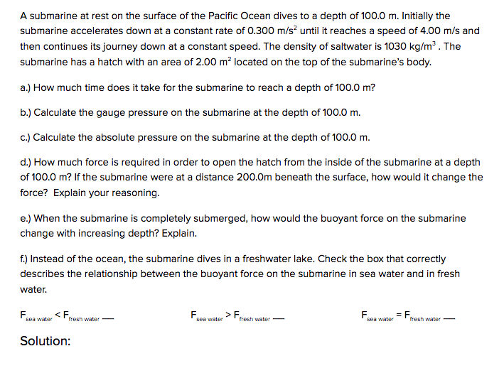 Solved A submarine at rest on the surface of the Pacific