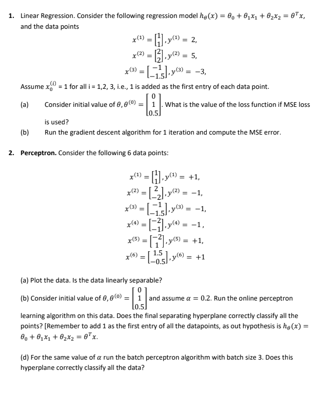 1. Linear Regression. Consider the following | Chegg.com