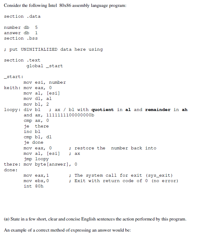 Consider the following Intel 80x86 assembly language Chegg