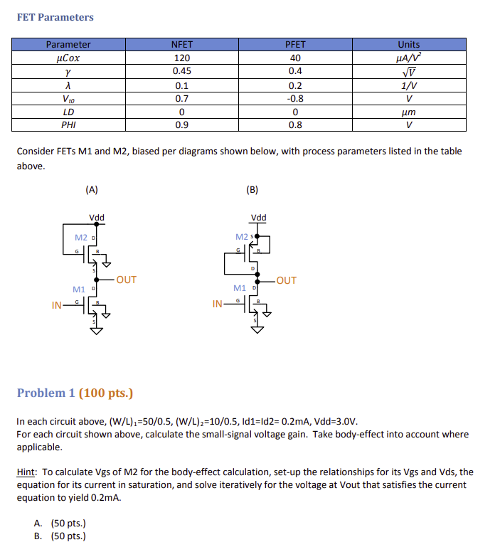 Solved FET Parameters Parameter uCox y NFET 120 0.45 Units | Chegg.com